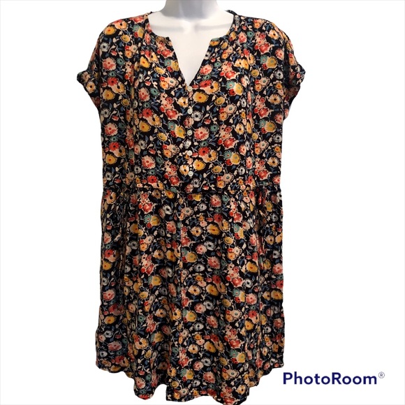 LOFT Floral Side-Tie Henley Mini Dress, MP, Navy and Red/Orange/Yellow - Picture 2 of 16